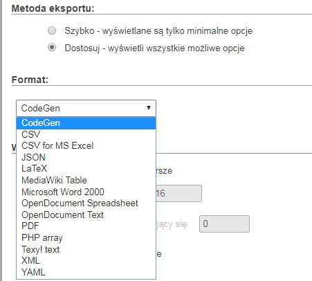 Brak formatu SQL podczas eksportu tabeli w PHPMyAdmin